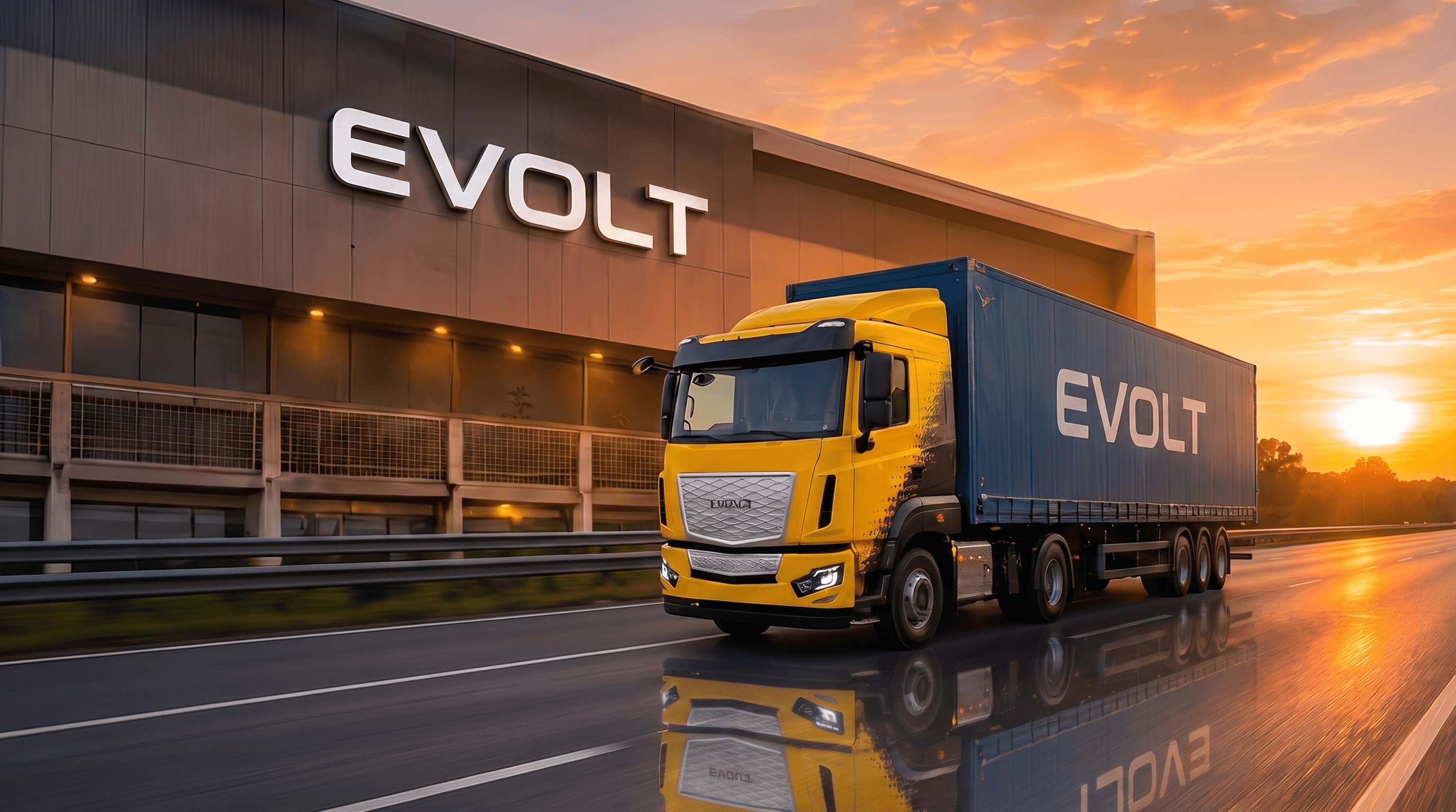 Caminhão EVOLT em movimento ao pôr do sol.